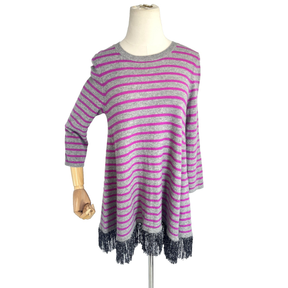 Peter Hahn Sweater Womens 42 EU M/L US Gray Purple Striped Cashmere Fringe Tunic